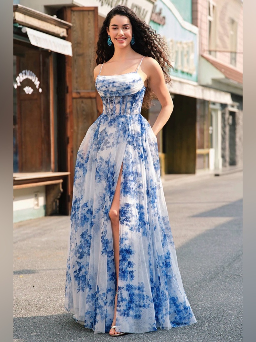Floral Blue Spaghetti-Strap Maxi Dress with High Slit - wedding, prom, Kentucky